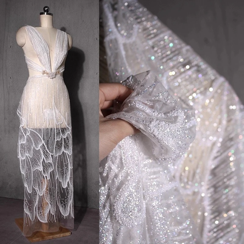 

Sparkling Pink Wave Yarn High End Dress Fabric Imported Creative Slimming Lace Clothing Skirt Handmade Designer Fabric