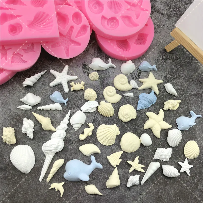 DIY Lovely Shell Starfish Conch Mar Silicone Mold Peixe Mermaid Tail Fondant Bolo Ferramentas de decoração Soap Mold Bolo Chocolate Ferramentas