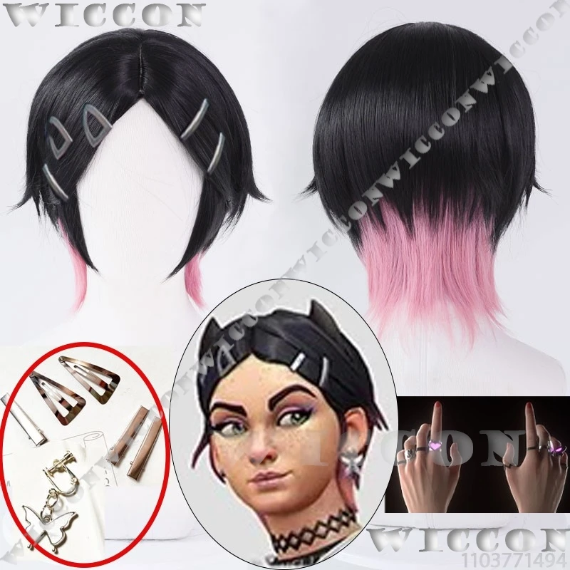 Clove Game VALORANT Cosplay Prop Wig Hair Clip Ears Chain Ring Black Short Hair Cute Women Girl Holloween Roleplay Customized