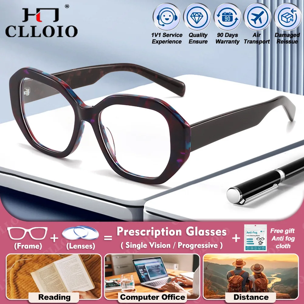 

CLLOIO New Fashion Polygonal Prescription Glasses Women Acetate Myopia Eyewear ﻿Anti Blue Light Photochromic Optical Eyeglasses