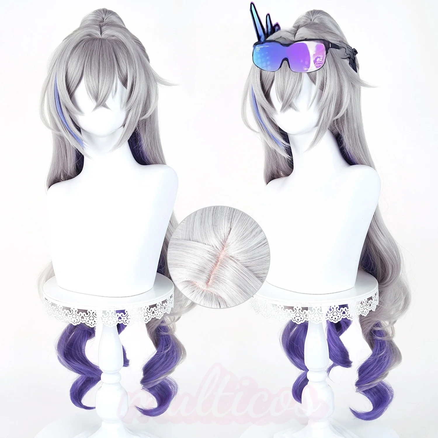 

Парик для косплея Silver Wolf из игры Honkai Star Rail SP, длинный волнистый парик с хвостом, термостойкий синтетический парик + бесплатная шапочка для парика