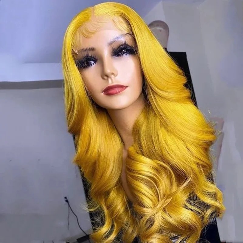 Yellow Color Soft 26Inch Long Body Wave Glueless 180% Density Deep Lace Front Wig For Women Babyhair Preplucked Daily Cosplay