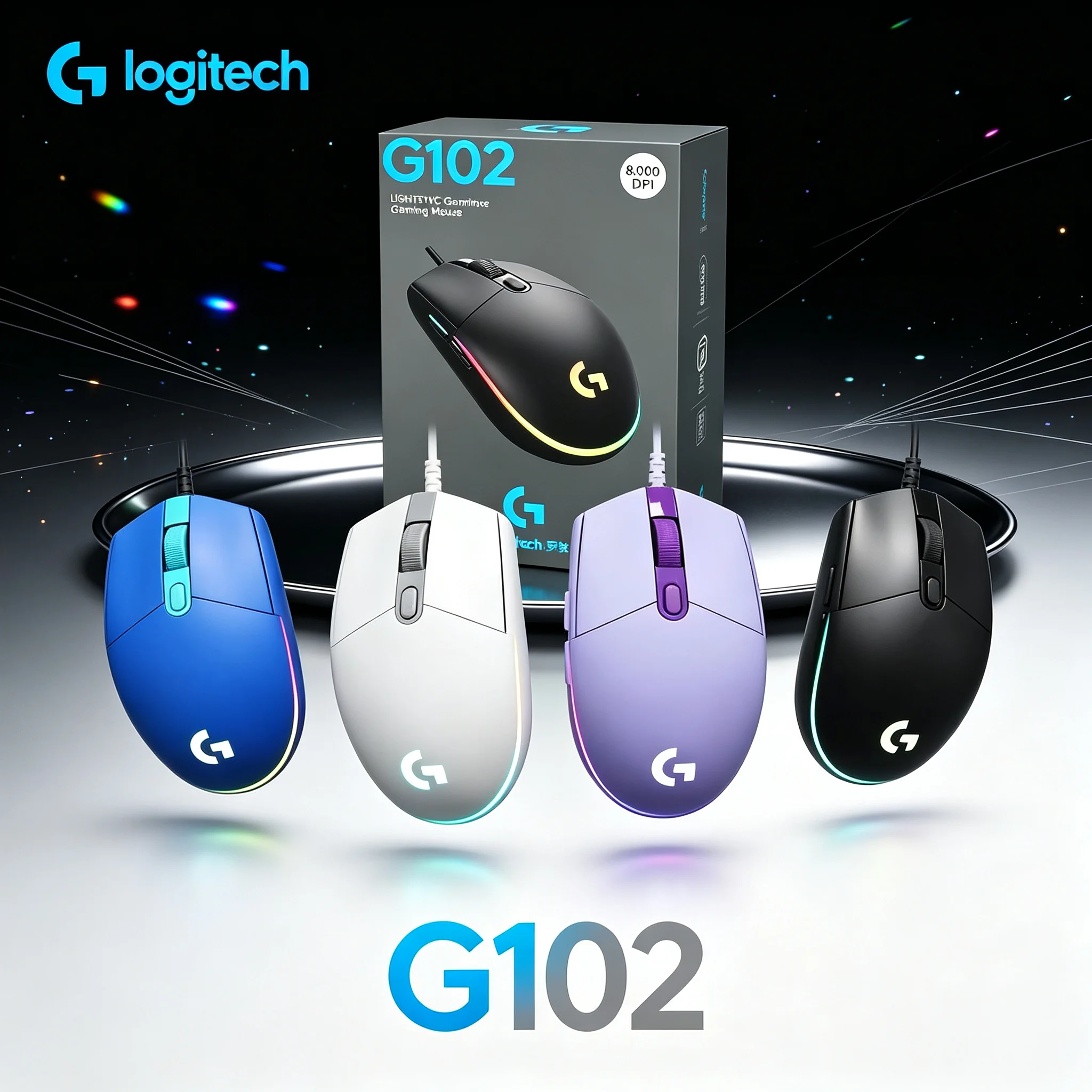 Ergonomic Logitech G102 Wired Gaming Mouse Light‑Weight Shell 8000 DPI Optical Sensor RGB Glow Mice For PC Laptop