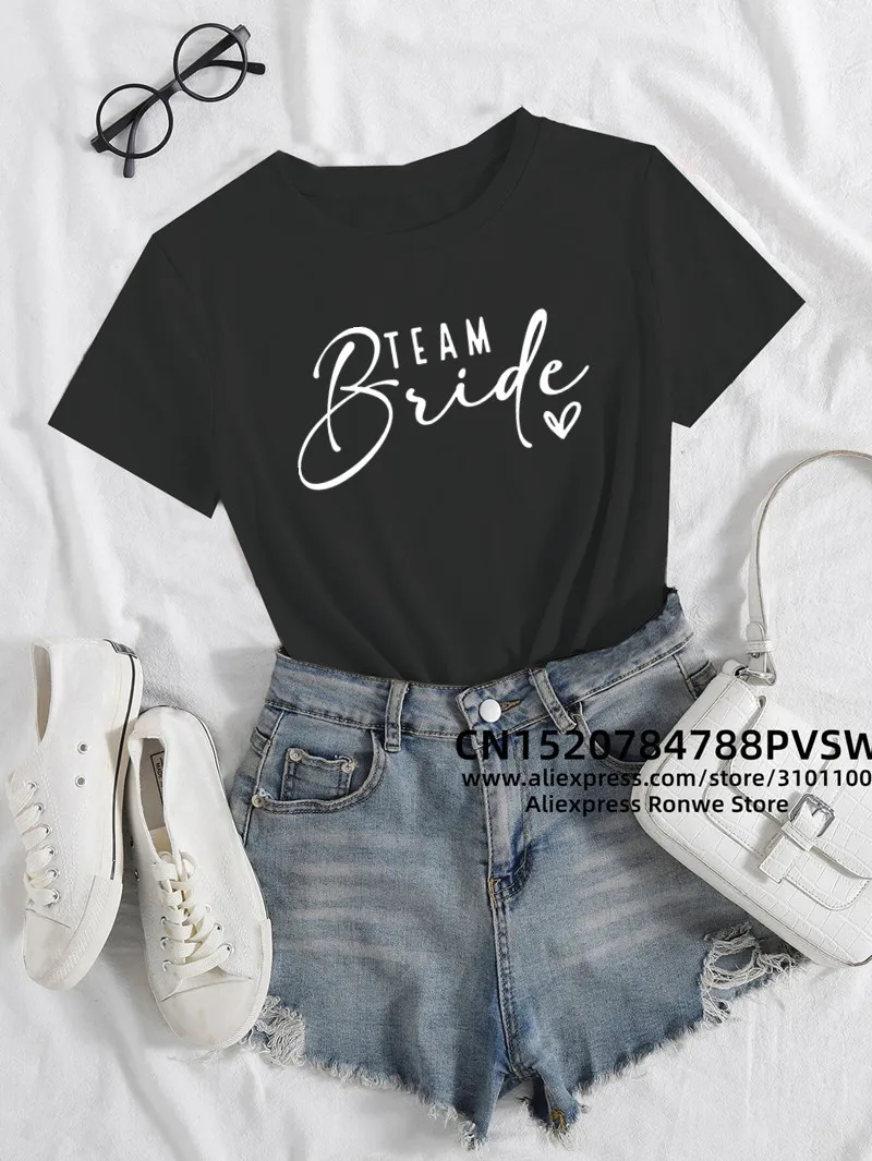 Team Bride Heart Evjf Hen Party Women Gropu T-shirt Girl Wedding Female Tops Tee Camisetas Mujer Female Black Pink White Clothes