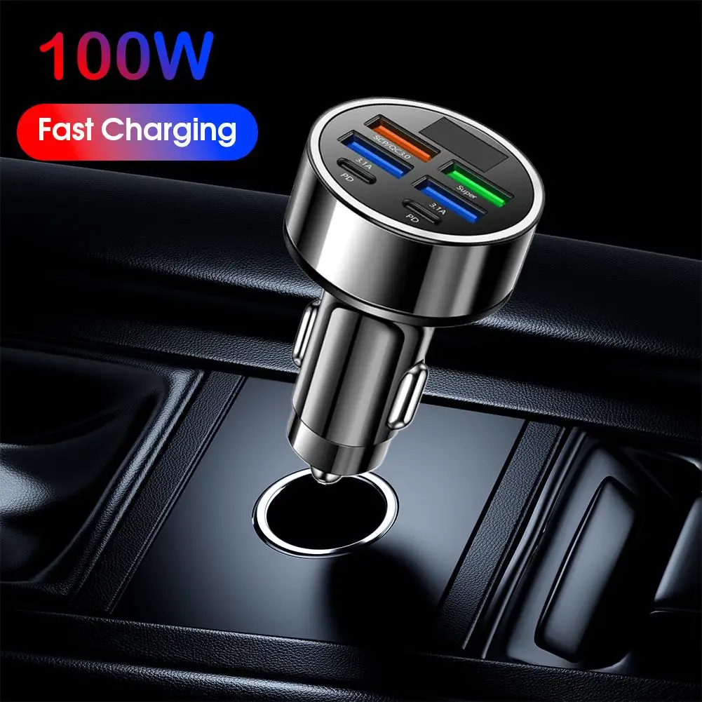 6 in 1 USB C Car Phone Charger Adapter with Voltage Display Dual PD Super Fast for iPhone 15 Pro max OPPO Samsung Huawei