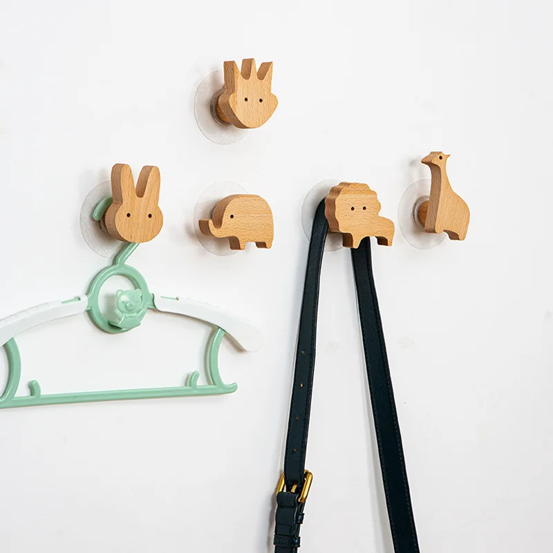 Cute Animal Wooden Hook Door Back Hook Clothes Holder Beech Wood  Wall Hanging Coat Hook Key Holder With Adhesive Glue