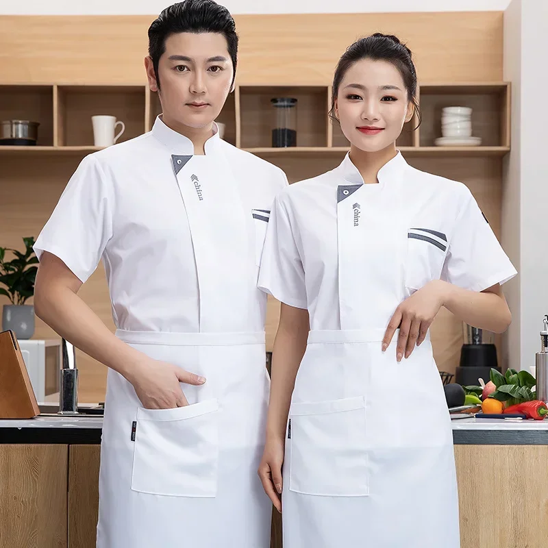 Uniforme da cuoco da uomo manica lunga camicia da cuoco traspirante in bianco e nero ristorante cucina giacca da cuoco grembiule abiti da lavoro logo donna