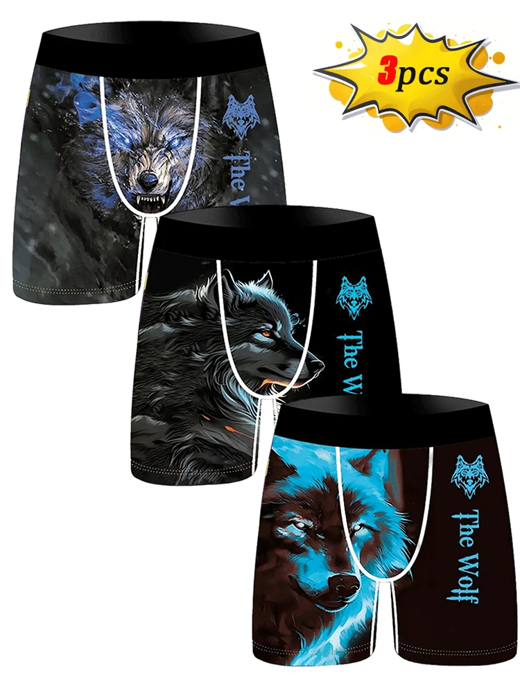 

3Pcs Men Underwear Breathable Men's Boxers Underpants Male Size S-3XL Man Panties Night Wolf Print Men Boxershorts Trunks