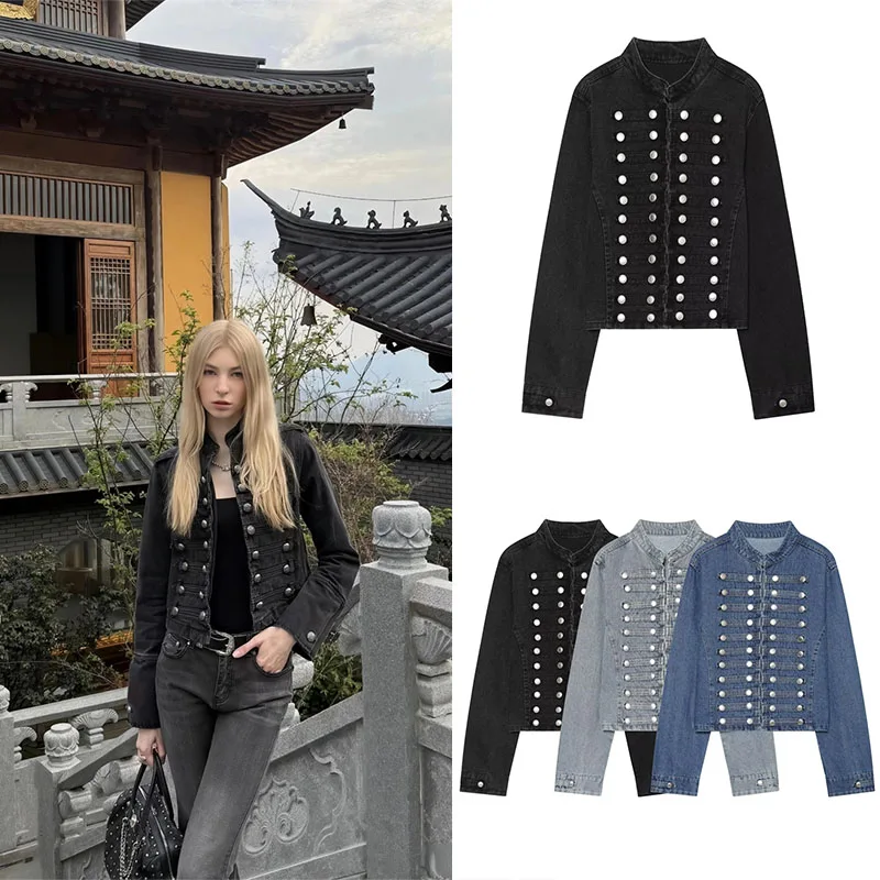 Guobioziy Women's Slim-Fit Denim Jacket 2026 Autumn/Winter New Arrival Solid Color with Stud Design Eur-American Trendy Street