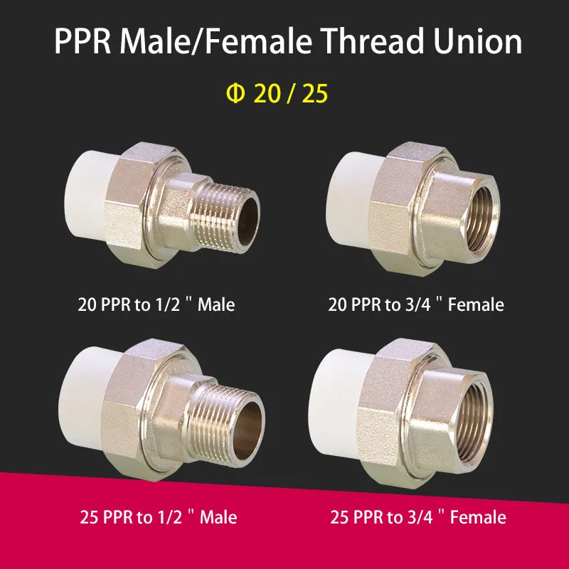 

20/25mm PPR Straight Union 1/2" 3/4" Female Male Thread Connector Water Pipe Fitting Joint Copper Adapter Accessories Hot Melt