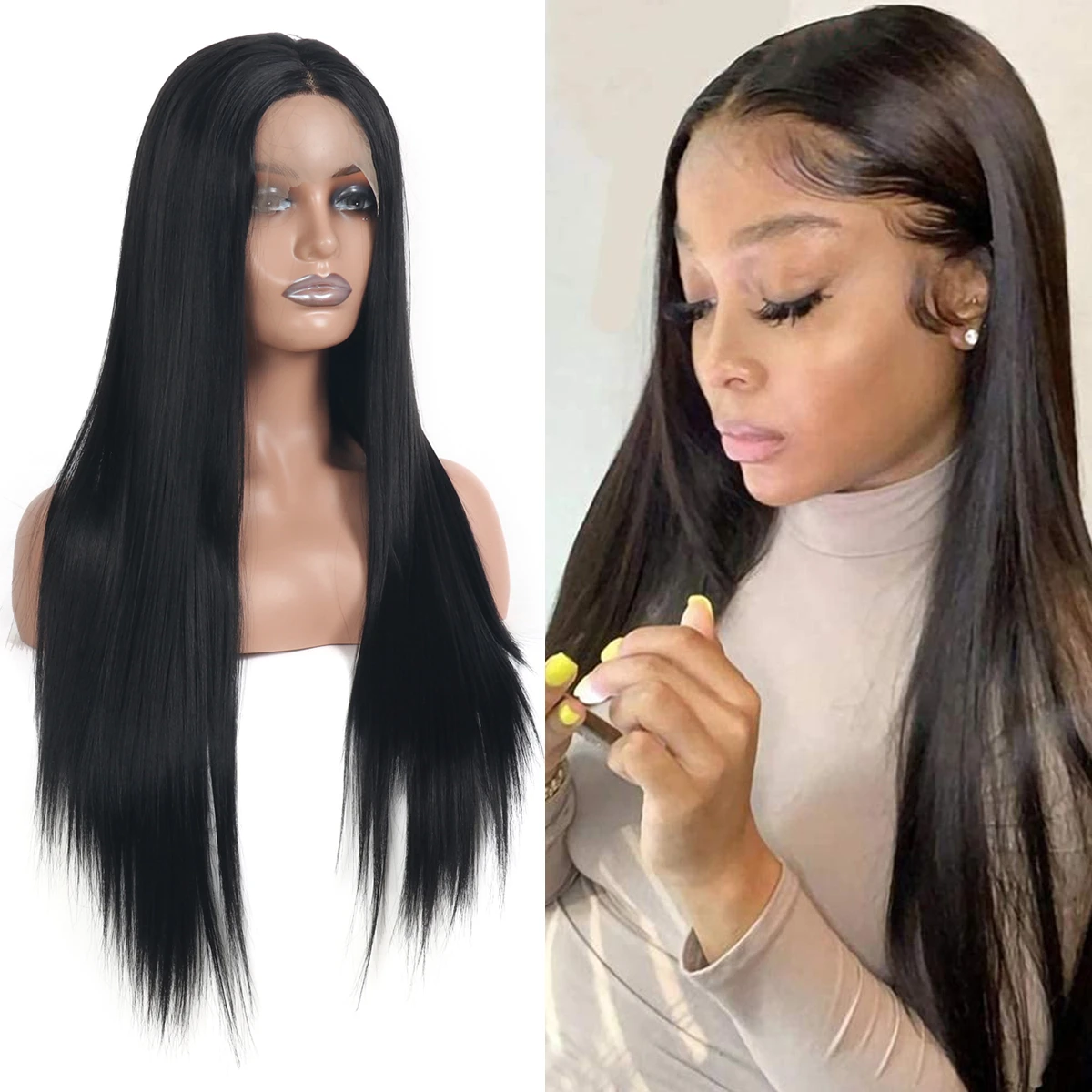 

Synthetic Lace Front Wig Straight Glueless 13x2.5 Lace High Temperature Fiber Wigs Pre Plucked Lace Frontal Straight Black Daily