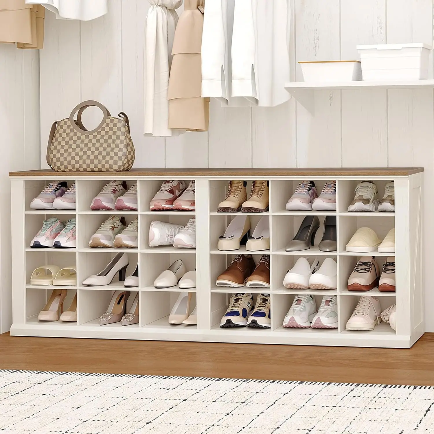 

Shoe Storage Bench, Entryway Shoe Cubby Bench, Widened Wooden Shoes Cubbies with Compartments, Entryway, Antique White SB52514B
