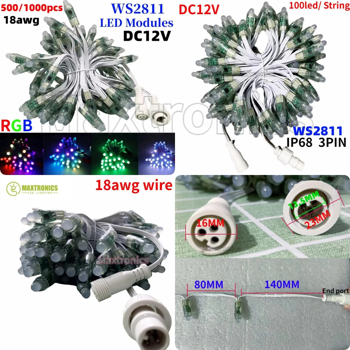 

500-1000 шт. DC12V 12 мм RGB WS2811 светодиодный модуль пиксельный светильник IP68 18AWG белый провод 13,5 мм разъем полноцветные праздничные декоративные лампы