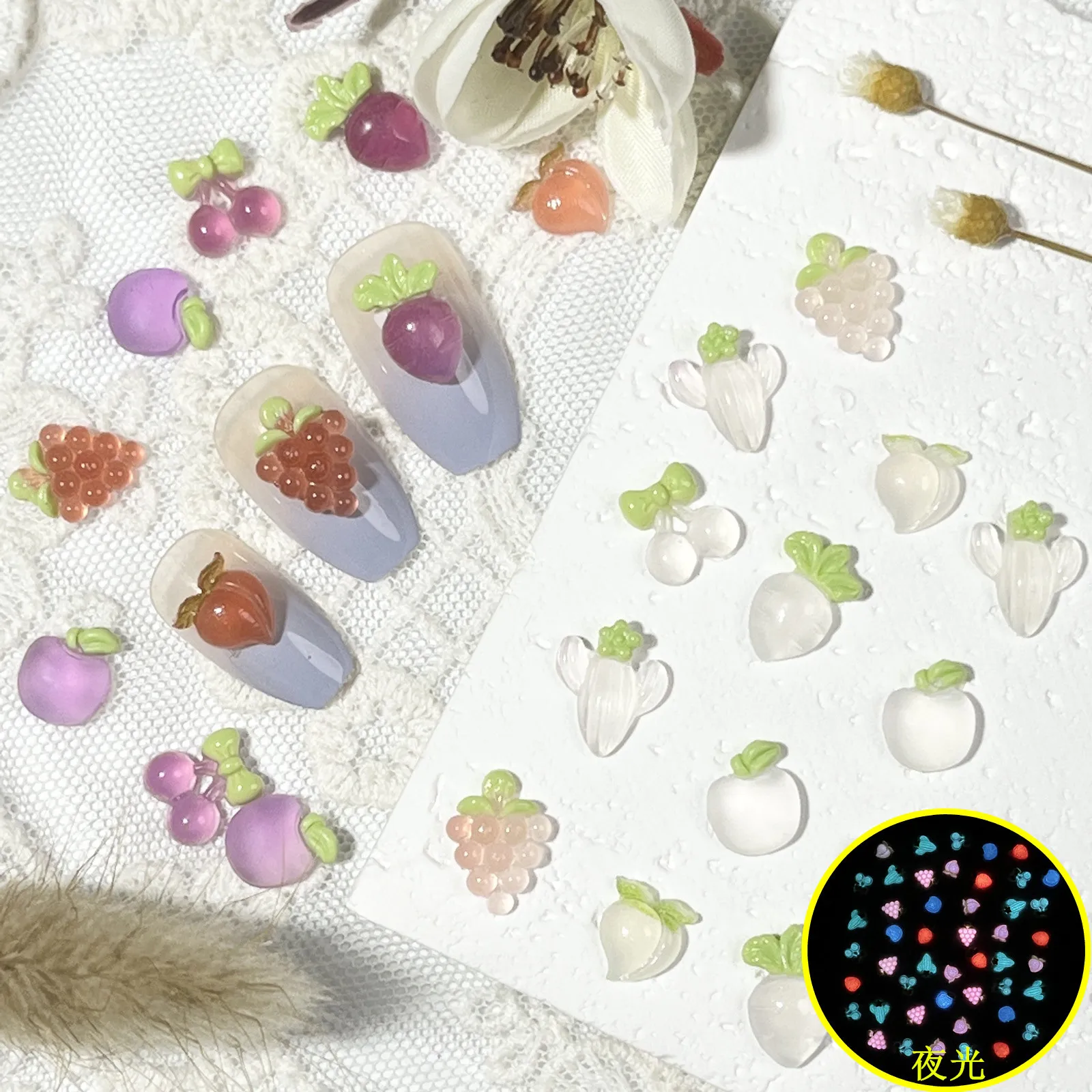 50pcs miniso luminous fruit cartoon nail charms for diy nail making cute mini resin flatback nail art decoreation