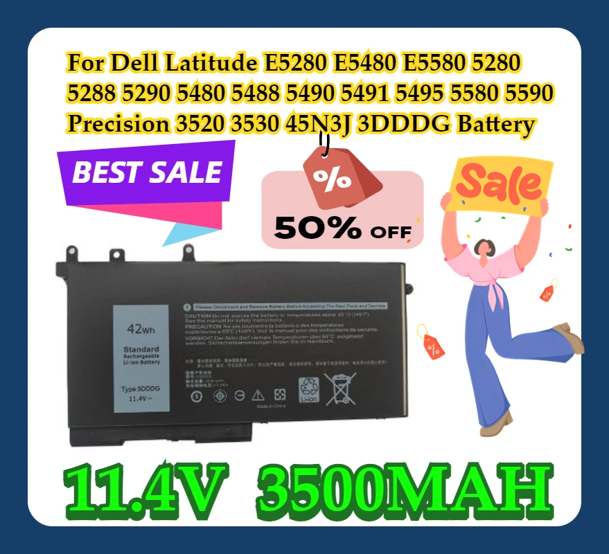 

For Dell Latitude E5280 E5480 E5580 5280 5288 5290 5480 5488 5490 5491 5495 5580 5590 Precision 3520 3530 45N3J 3DDDG Battery