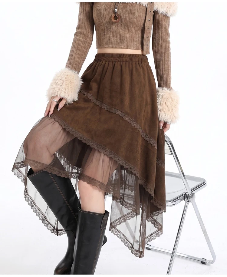 2026 Damen-Midirock mit Wildleder-Optik und Spitzenbesatz, Vintage-Brauntöne, elastischer Bund, unregelmäßiger Saum, Tüll, A-Linie, lässiger Halbrock – Detail 8