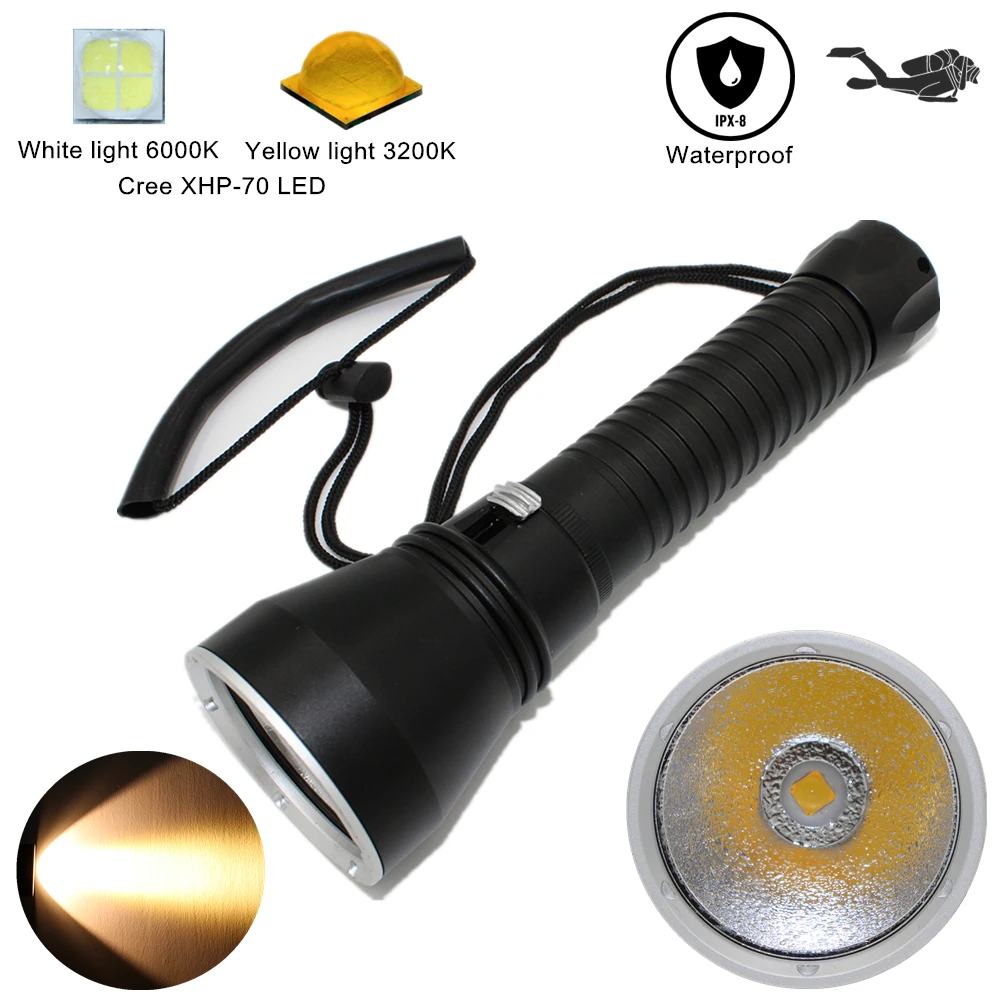 Waterproof flashlight dive light  XHP70 LED white/yellow light diving flashlight underwater photography spearfishing torch