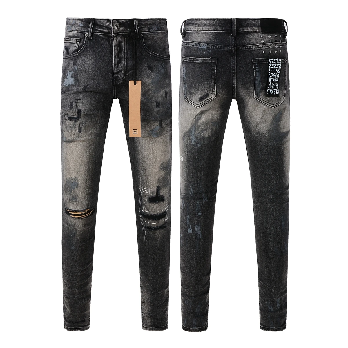 New American Fashion KSUBI Cross Skinny Jeans Retro Low Waist Smoke Gray Ripped Patch Stretch Slim Jeans Straight Leg Pants