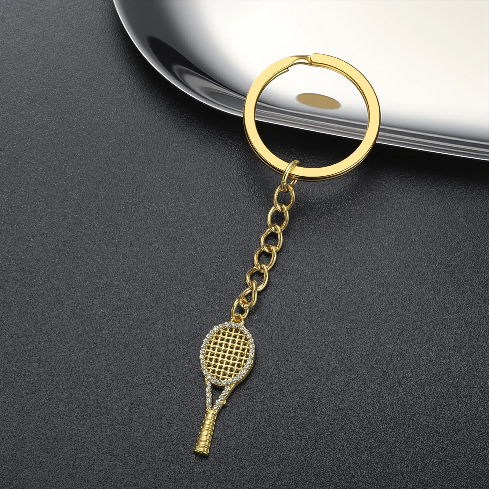 Rhinestone Mini Tennis Racket Keychain Luxury Sports Couple Bag Charm Gift for Woman Men Pendant Metal Stainless Steel Jewelry