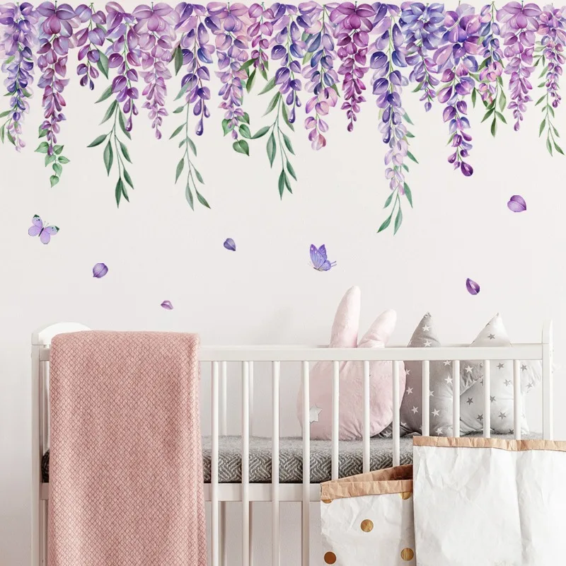 Purple Flowers Plant Wall Sticker for Living Room Bedroom Background Wall Decor Pastoral Wall Decals Girls Room Daughter Room