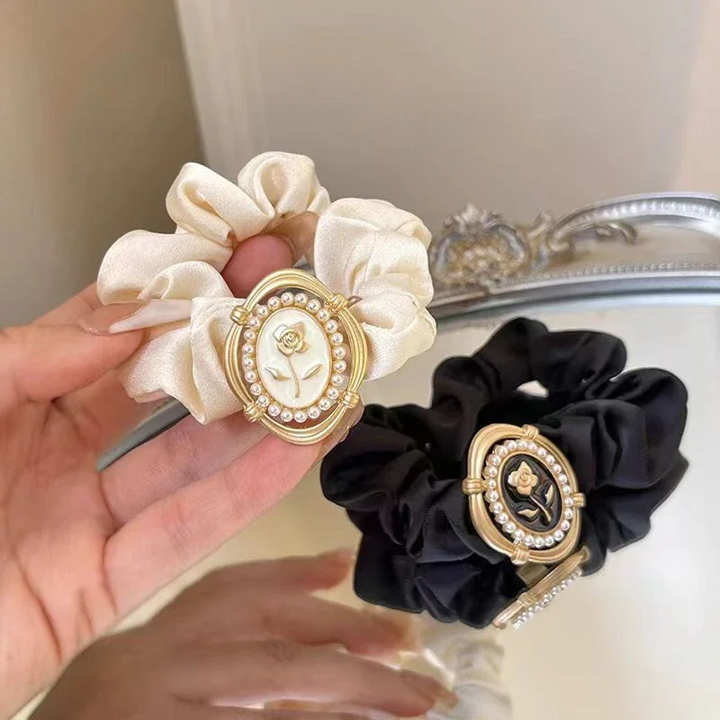 

1/2pcs Ins Simple Satin Bow Hair Ring Rose Hairband Temperament Versatile Bun Head Accessory Black White