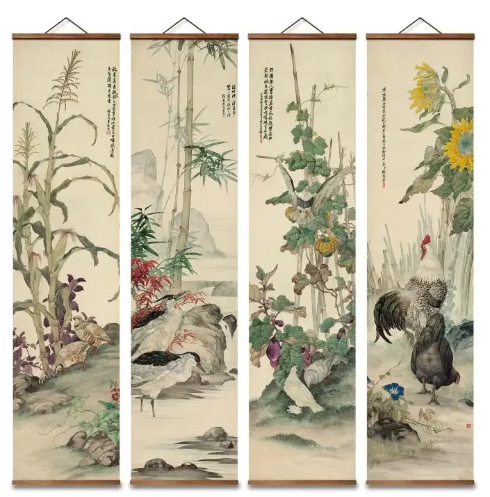 

MT5013 Chinese Style bamboo chrysanthemum flower bird Decorative Wall Art Canvas Posters Solid Wood Scroll Paintings