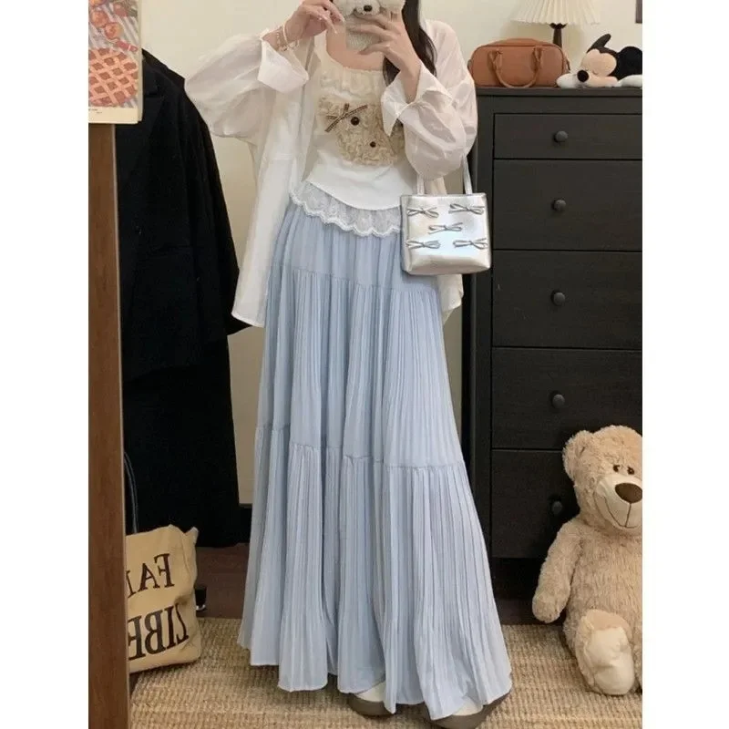 Casual Vintage Women Skirt Matching Chic Lady's White Skirt Sweet Girl's Cake Skirt Elastic Waist A-Line Mid Length Flare Skirt