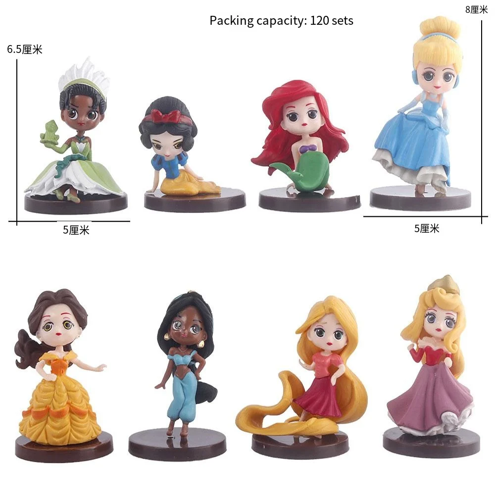 8pcs Cute Q Version Disney Princess GK Model Kids Charm Toy Gifts The Little Mermaid Long Hair Princess Collectible Cartoon Doll