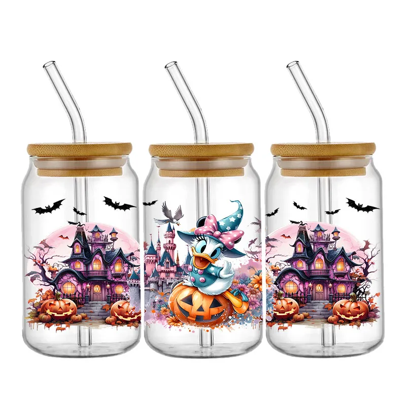 Disney Halloween Mickey Minnie Dessie UV DTF Cup Wraps Transfer Sticker For 16OZ Glass Libbey Can Bottle Washable DIY Custom