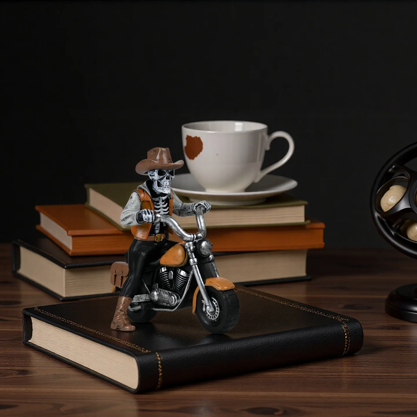 Gothic Skull Cowboy Ride Motorcycle Sculpture Garden/Tabletop Halloween Funny Decoration Unique Collection Ornament