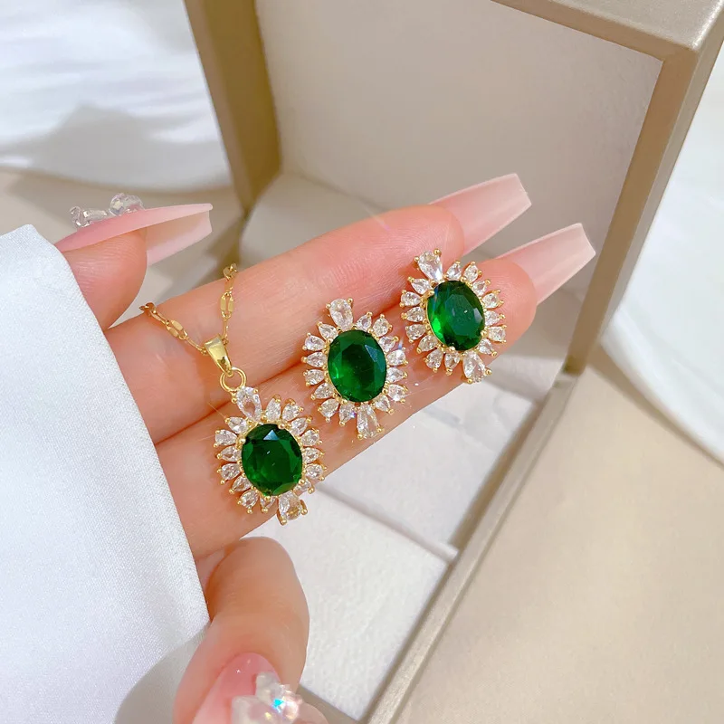 DIEYURO 316L Stainless Steel Green Crystal Flowers Charm Necklace Earrings For Women Girl New Trendy Jewelry Set Gift Party