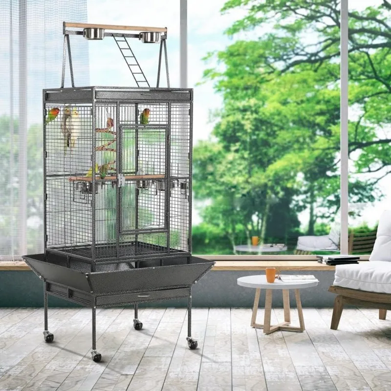 69-inch Wrought Iron Rolling Large Parrot Bird Cage for African Grey Small Quaker Cockatiel Sun Parakeet Green Cheek