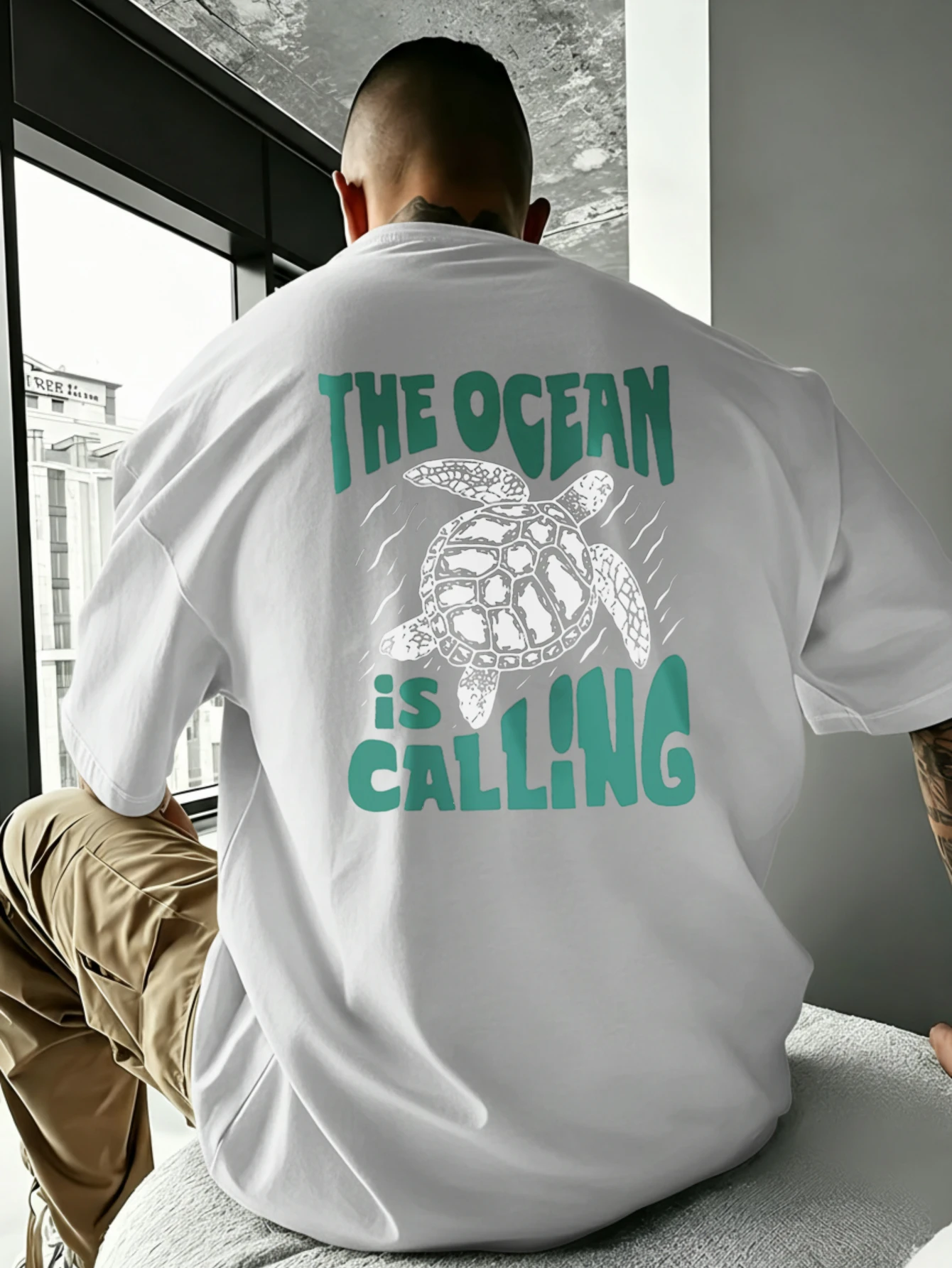 JOOCAR „Der Ozean ruft“-Motivdruck, lässiges Baumwoll-T-Shirt für alle Jahreszeiten, Rundhalsausschnitt, weich, dehnbar, atmungsaktiv, kurze Ärmel, modisches Streetwear-Oberteil mit Schriftzugdruck,