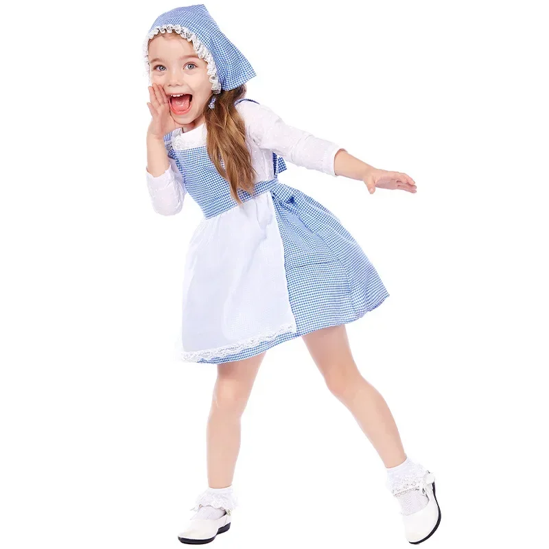 Хлопковый костюм для косплея Алисы с синей решеткой для девочек, костюм горничной в пасторальном стиле, платье для маленькой девочки на ферме, праздничный костюм, фотокостюм