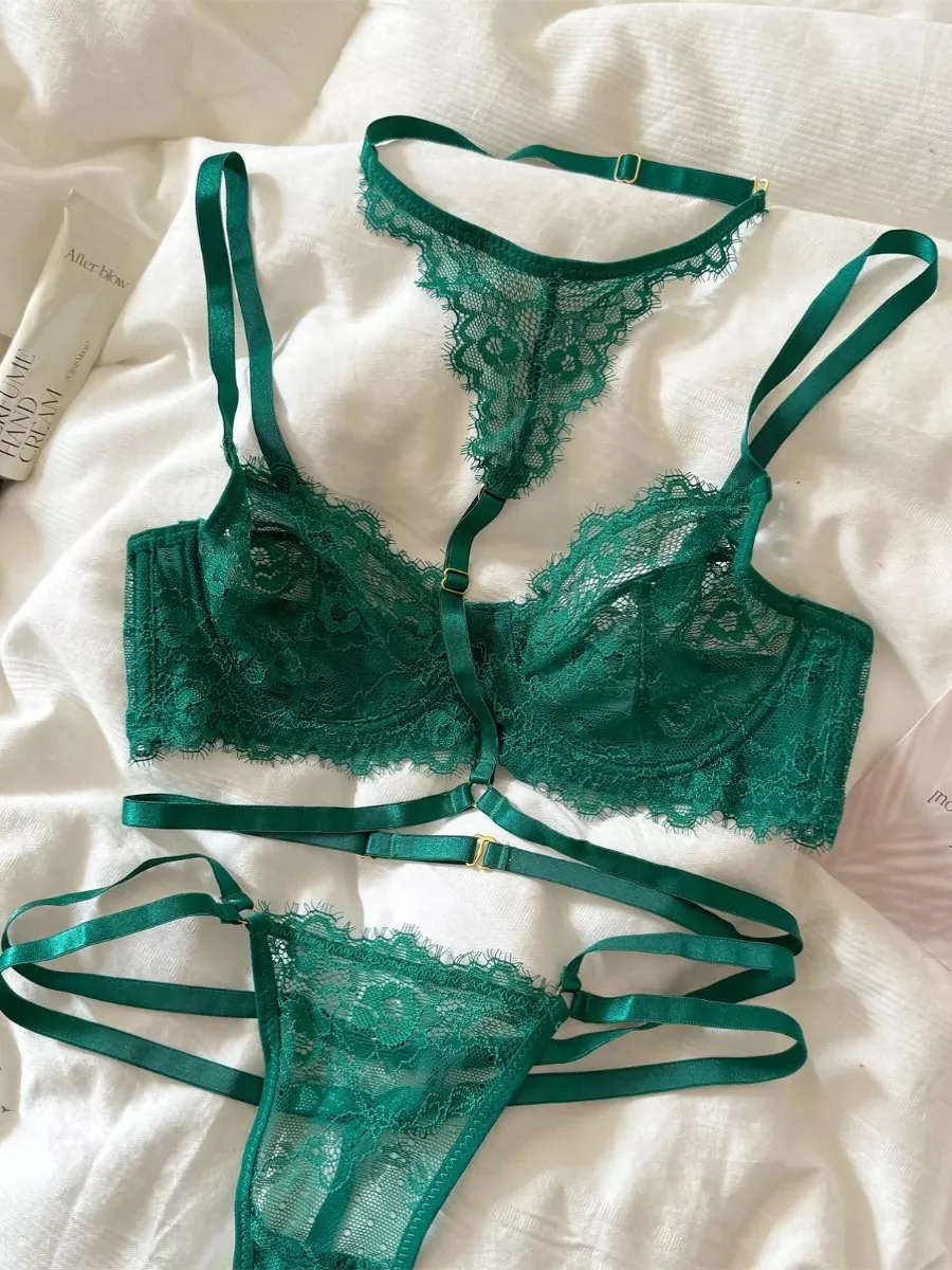 

French niche lace mesh thin large chest underwear sexy bralette green women's underwear bra set floral embroidery lingerie set