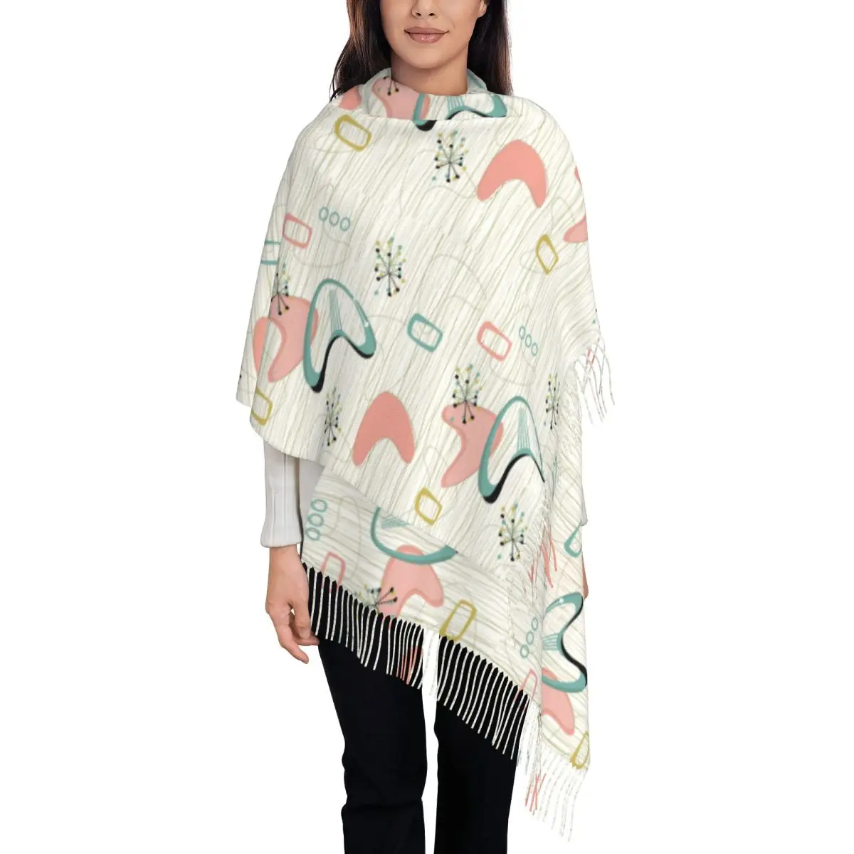 

Ретро Eames Era атомный шарф с кисточками, женский мягкий шарф середины века с абстрактной геометрической шалью, женские зимние шарфы