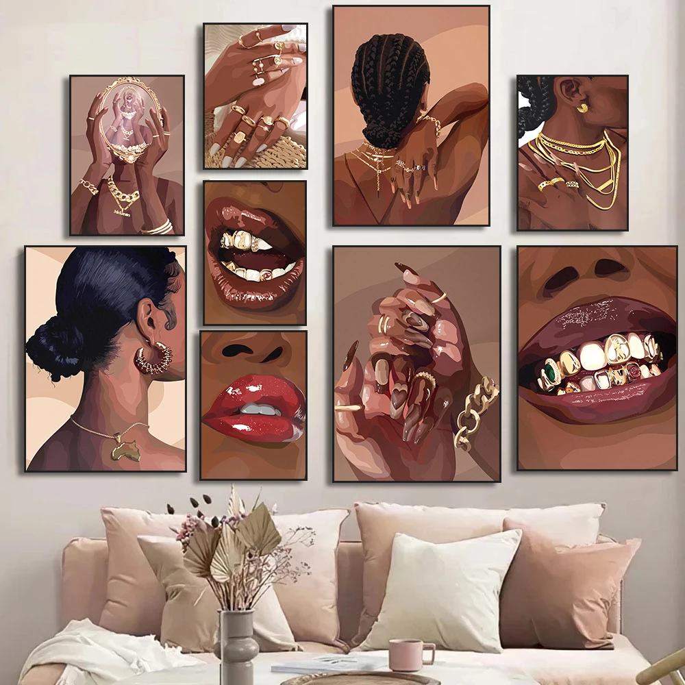 Retrato de mujer negra africana, carteles e impresiones de labios de uñas, arte de figura moderna, pintura en lienzo, imágenes artísticas de pared, decoración de la habitación del hogar