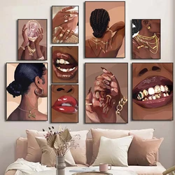 African Black Female Portrait Nail  Lips Posters and Prints Modern Figure Art Canvas Painting Wall Art Pictures Home Room Decor