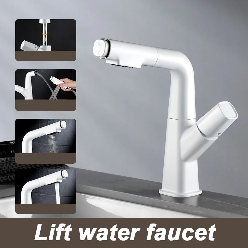 

Pull Out Lift Basin Faucet 360° Lift Up And Down Faucet Washbasin Kitchen Bathroom Mixer Tap Hot Cold Water Sink Faucet Gun Gray