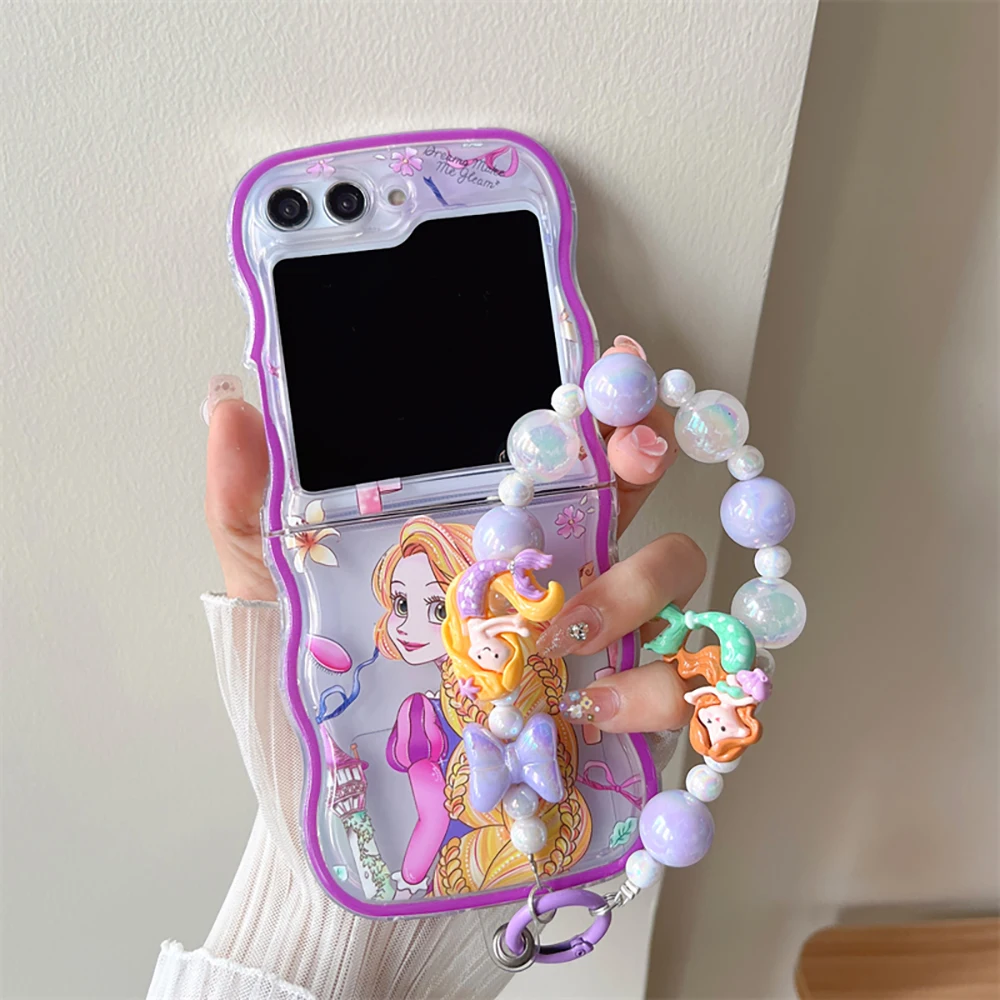 Cartoon Disneies Ariel Princess With Lanyard Phone Case for Samsung Galaxy Z Flip 3 4 Z Flip 5 6 5G PC Hard Anti-drop Wave Cover