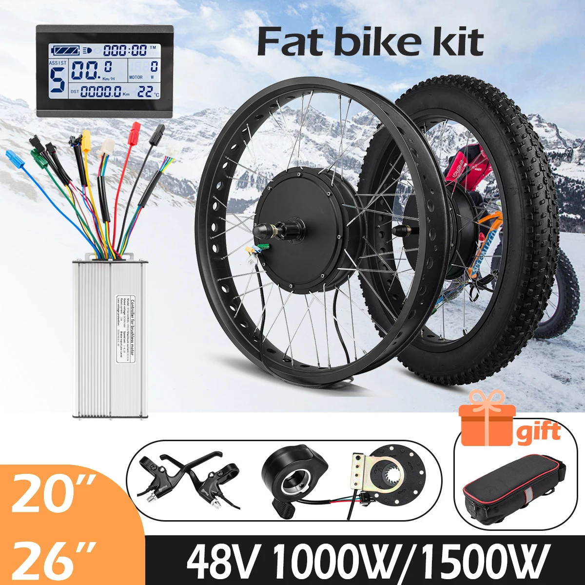 1000W 1500W Electric Fat Bike Conversion Kit Rear Hub Motor Gearless 20in26in Snow Bike Motor Wheel with Tyre LCD3 Display