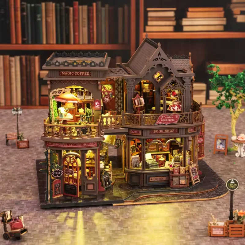 OUZEY Kit de bricolaje para mini cafetería con desplazamiento y café, modelo de estudio vintage de madera 3D, artesanía acogedora para adolescentes creativos