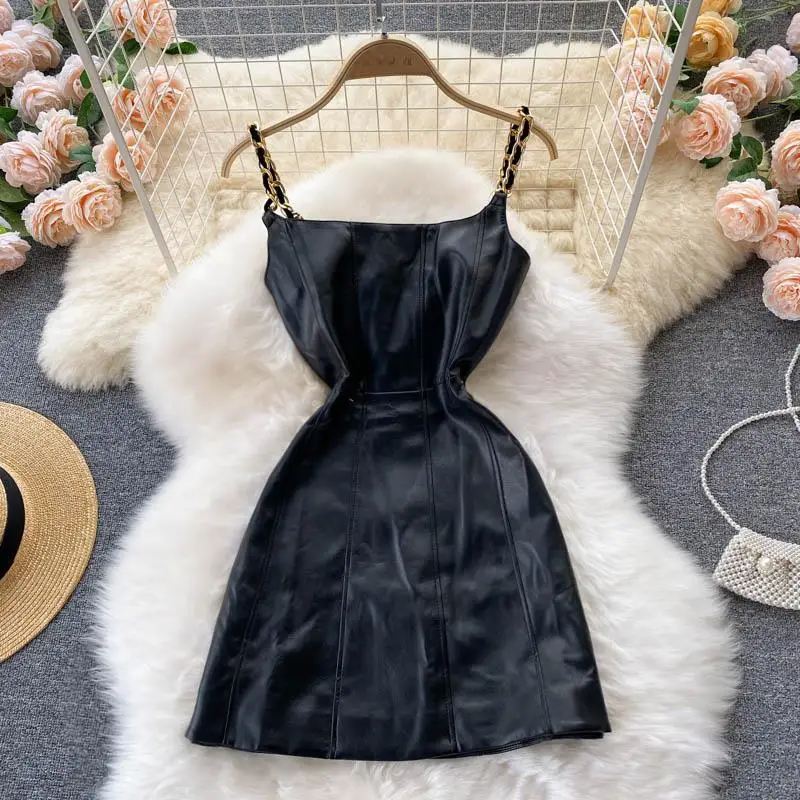 

Korean New Women Chain Slip Dress Black A-Line Pu Leather Short Dress Fashion All-Matched Slim Female Clothing