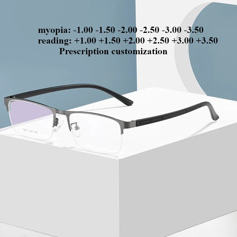 

Новые деловые мужские прямоугольные антисиние очки для чтения, сверхлегкая полуоправа, можно настроить близорукость, астигматизм