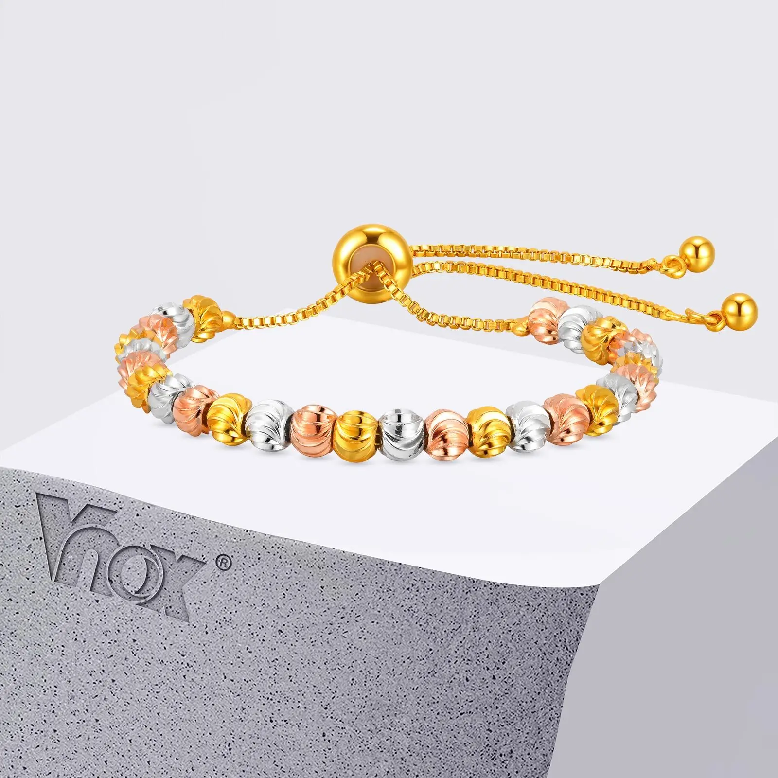 Vnox Charm Three Color Beads Bracelet For Women, Unique Design Elastic Wrist Adjustable Chain, Fashion Jewelry New Style