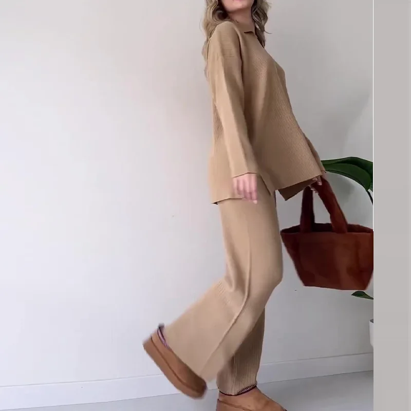 Two Piece Set Women Outfit Autumn Solid Loose Split Hem Lapel Long Sleeved Knit Top & Casual High Waist Wide Leg Pants Set