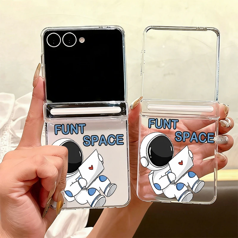 Cute Astronaut Magnetic Hinge Protector Case For Samsung Galaxy Z Flip 7 FE 6 5 Flip6 Flip7 5G Transparent Folding Phone Cover