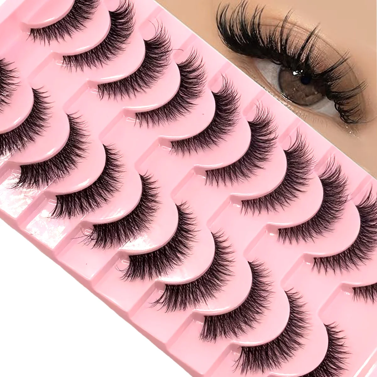 HBZGTLAD 10 pairs of transparent stem false eyelashes, fluffy and soft faux mink eyelashes, reusable, beginner friendly