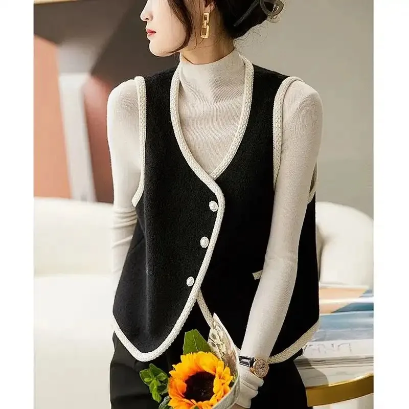 Contrast Color Cardigan Autumn And Winter Temperament Fashionable Vest Women's Sleeveless Versatile Trendy Top