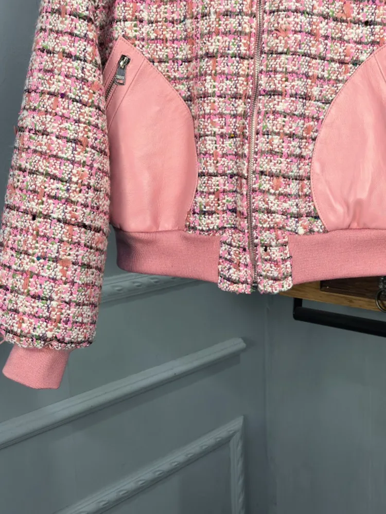 Lente Herfst Dames Nieuwe Stijl Echte Schapenvacht Splicing Jas Bovenkleding Stand Kraag Rits Lange Mouw Loose Fit Korte Jassen